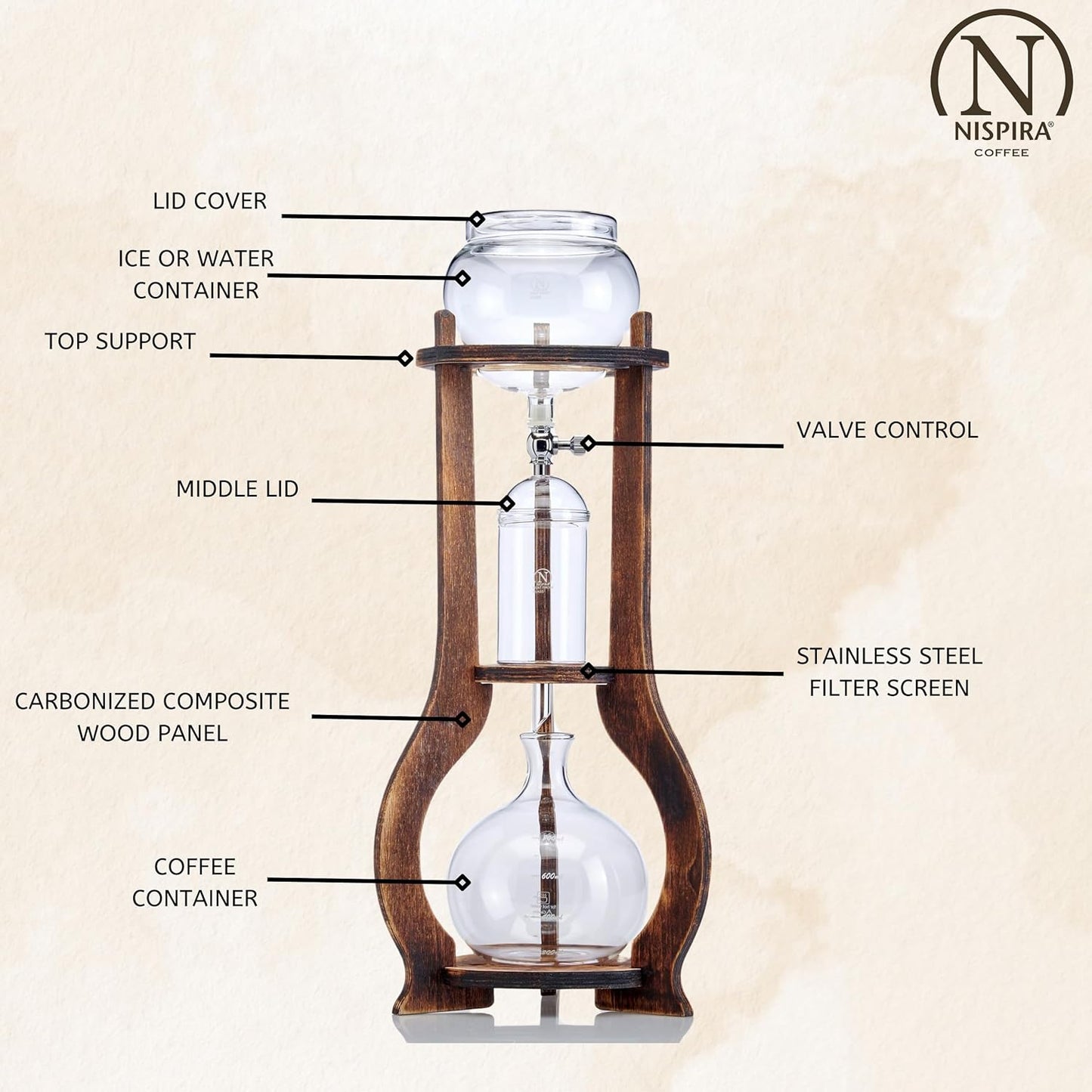 Nispira Iced Coffee Cold Brew Drip Tower Coffee Maker Wooden, 6-8 cup