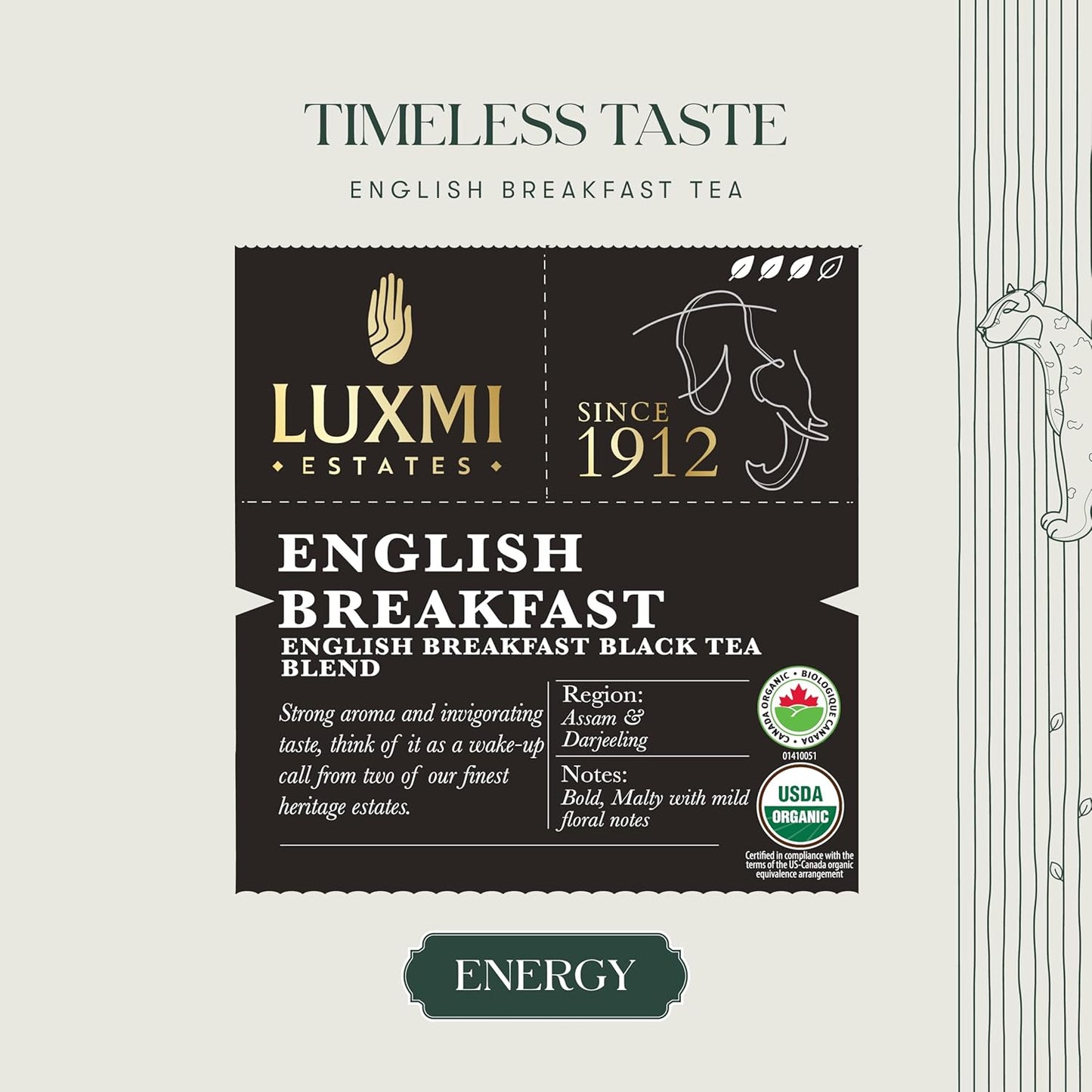 Luxmi Estates Tale of Two Estates Organic English Breakfast Tea (50 Tea Bags) Caffeinated Tea Bags For A Morning Boost and Natural Energy, With Certified Organic Darjeeling & Assam Black Tea