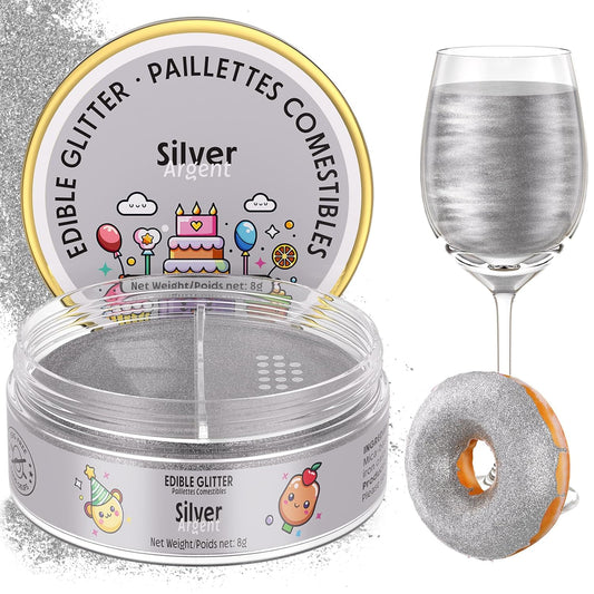 Nomeca Edible Glitter for Drinks Cakes, 8 grams Food Grade Luster Dust Sprinkles Glitter for Cake Decorations, DIY Cocktails, Beverages & Cake Decorating, Dessert Cake Topper (2-Silver)