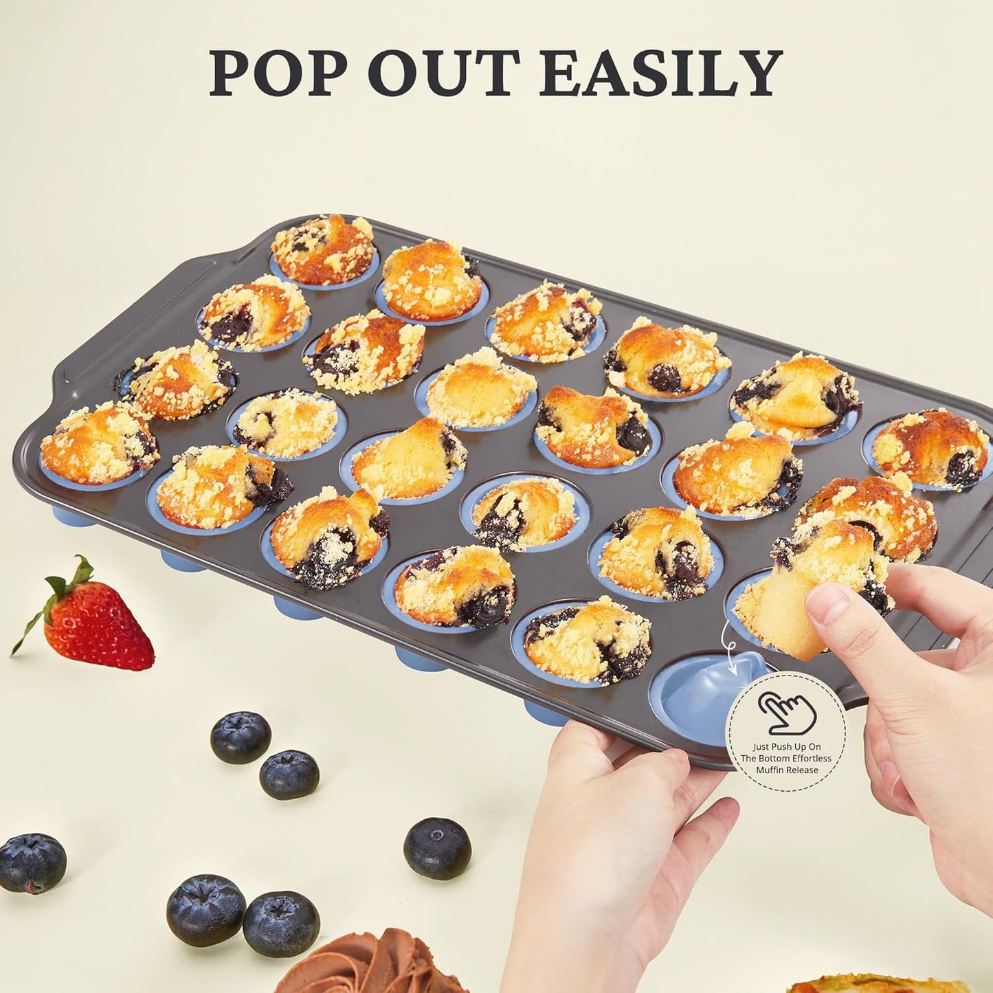 BRONYPRO Silicone Mini Muffin Pan with Metal Frame, Egg Bite Molds for Baking,Cupcake Pan 24 Regular Size, Mini Muffin Tin Easy to Pop Nonstick Non Toxic Bakeware for Oven,Blue