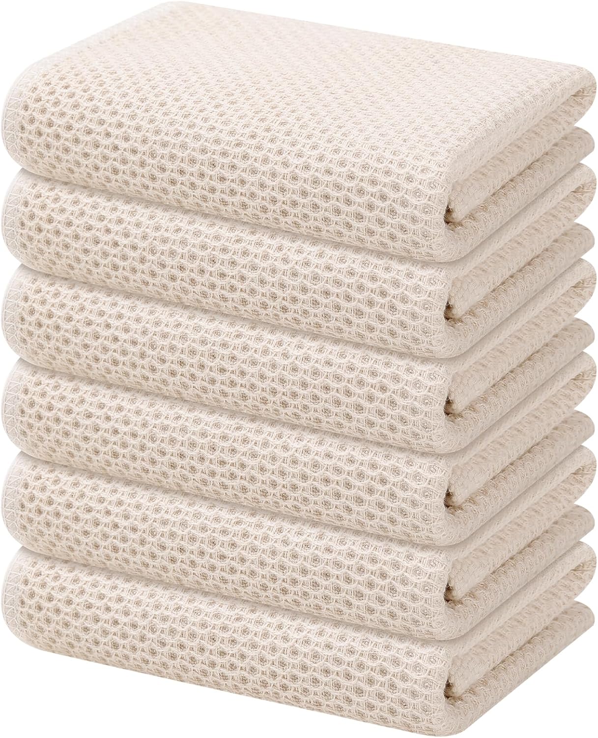 Kitinjoy 100% Cotton Waffle Weave Kitchen Towels, 6-Pack Super Soft and Absorbent Dish Towels for Drying Dishes, Kitchen Hand Towels, 13 in x 28 in, Beige