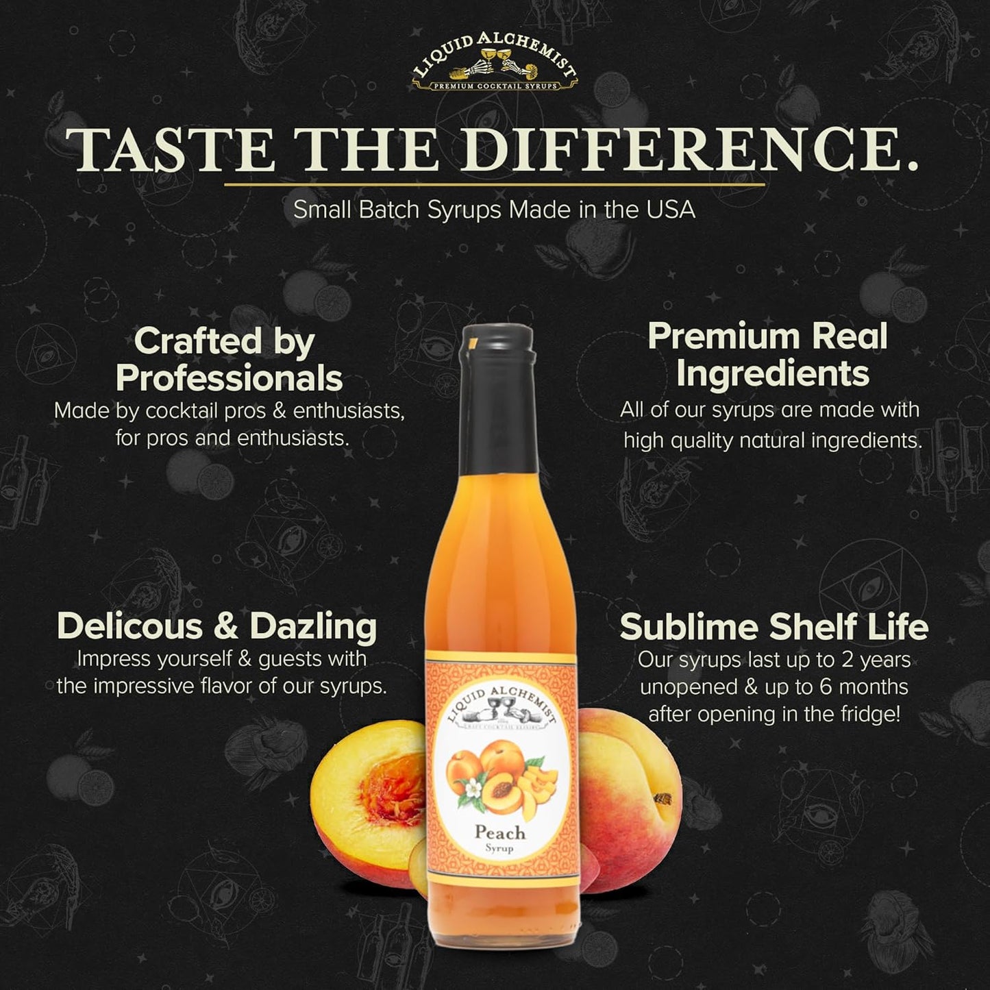 Liquid Alchemist Peach Syrup for Drinks - Real Ingredients Make our Peach Puree for Cocktails a Perfect Bellini Mix - Our Flavored Syrup is Non-GMO & Vegan (12 oz)