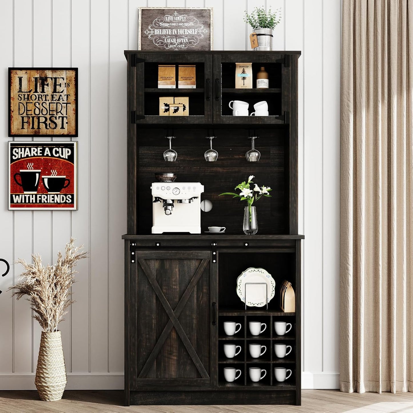 4ever2buy Farmhouse Coffee Bar Cabinet with Sliding Barn Door, 72" Hutch Coffee Bar with Storage, Large Kitchen Buffet Cabinet with Hutch, Tall Bar Cabinet Table for Living Dining Room, Oak