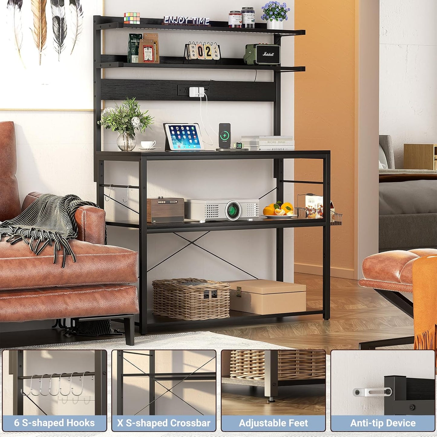 Aheaplus Bakers Rack with Power Outlet, Microwave Stand, 5 Tiers Coffee Bar Station with Led Lights, Kitchen Storage Shelf with 6 S-Shaped Hooks, Kitchen Rack Coffee Bar Stand, Black