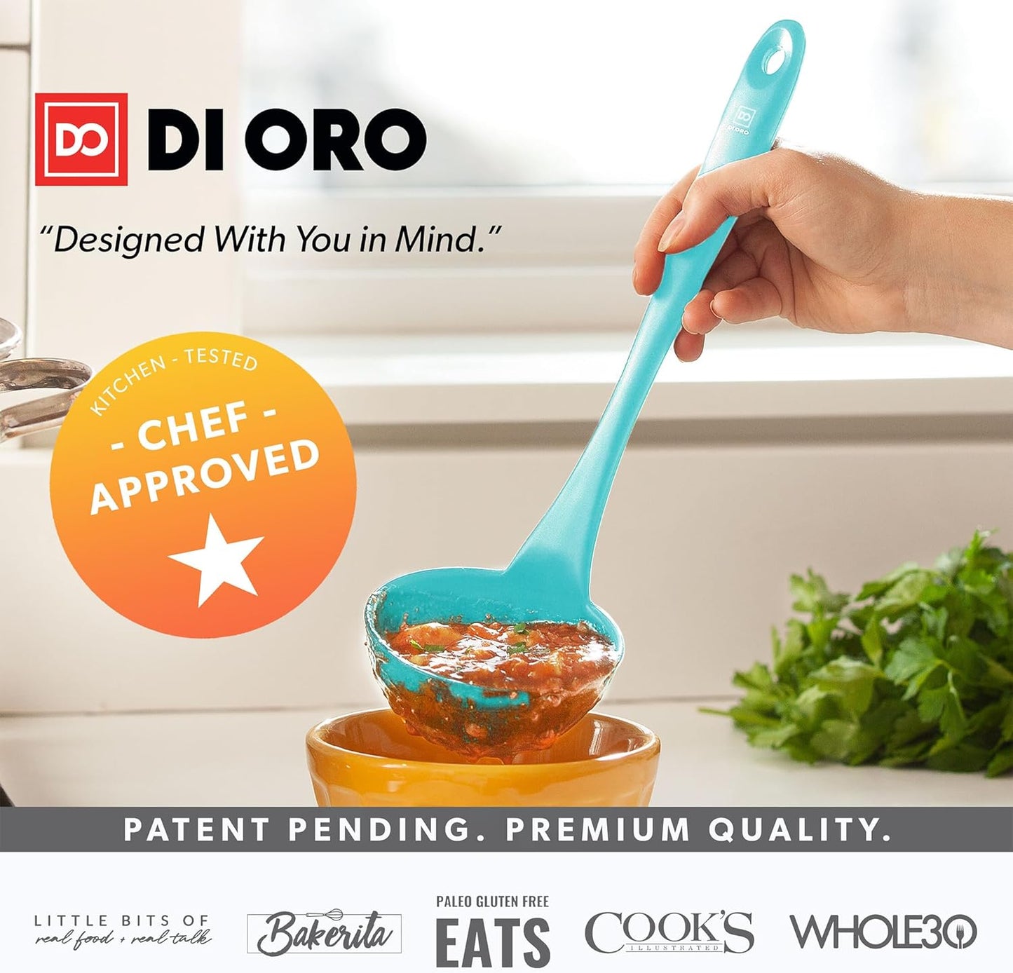 DI ORO Silicone Ladle - Heat-Resistant Large Kitchen Soup Spoon for Cooking & Serving - Nonstick Cookware Safe With Wide Bowl - Dishwasher Safe Utensil (Teal)