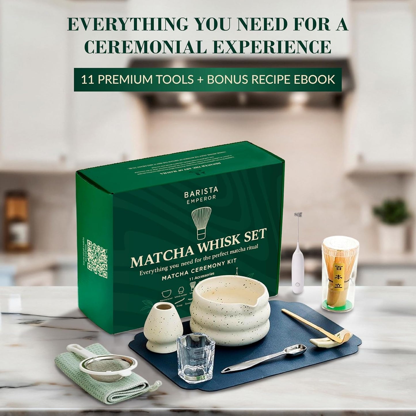 BARISTA EMPEROR® PREMIUM 11pcs MATCHA WHISK SET - Professional Matcha Kit Set with Matcha Bowl, Matcha Whisk, Milk Frother, Spoon, Matcha Sifter, Scoop, Scoop Stand, Measuring Cup, Tea Mat and Cloth