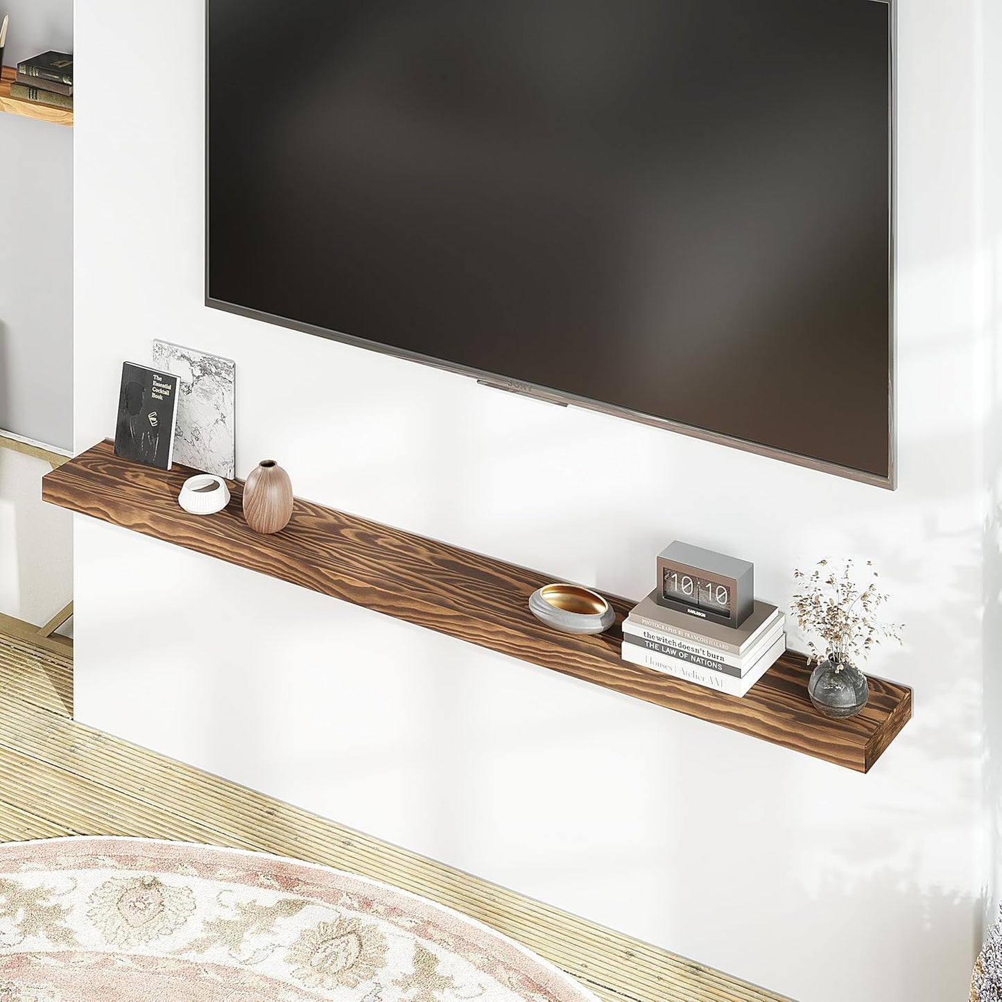 60'' Pine Wood Floating Shelf for Wall - Rustic Wall Mounted Wooden Shelf for Stylish Home Décor, Fireplace Mantel 60inch (Light Walnut, 60x8x2) - 1pcs