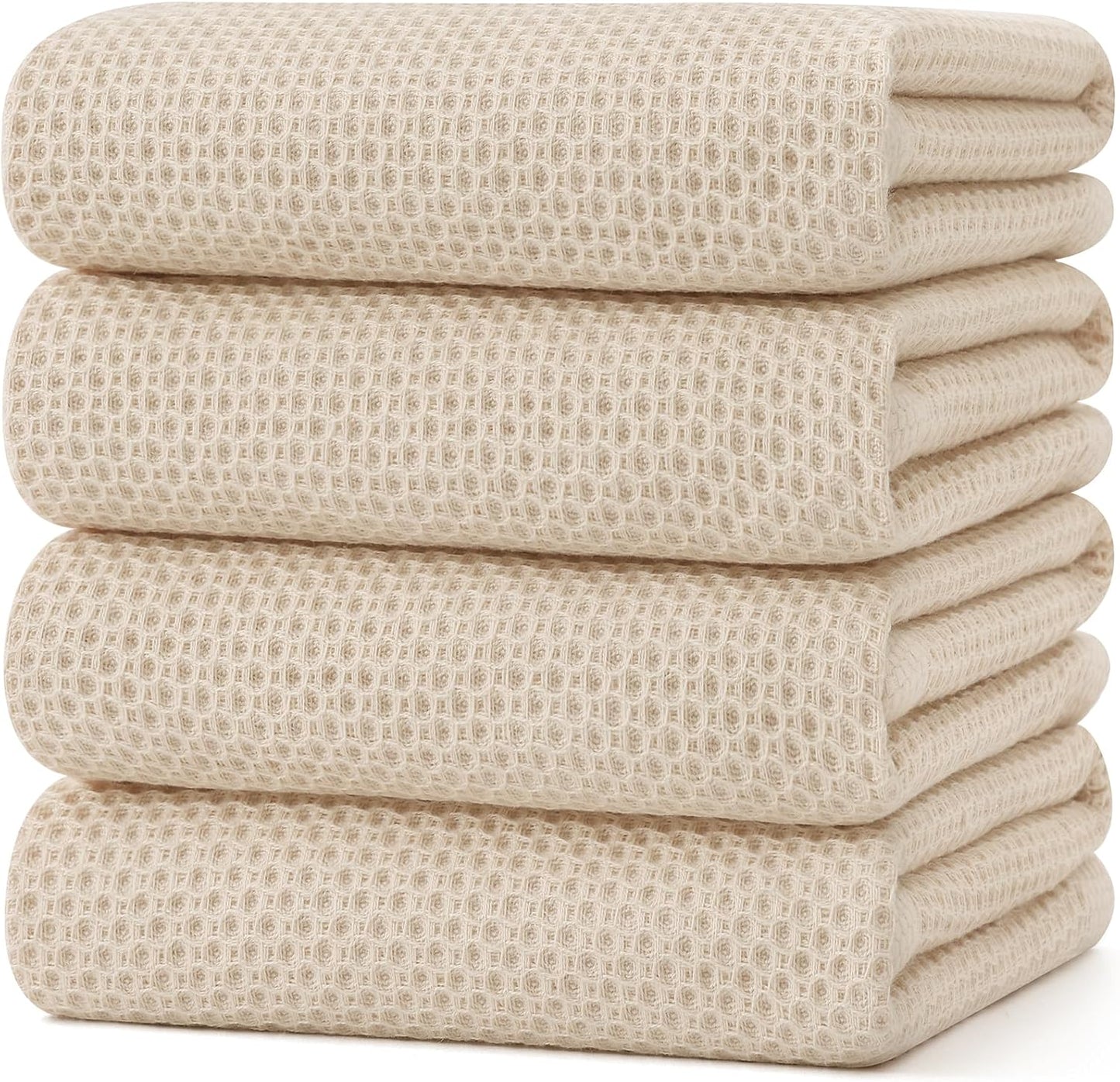 Kitinjoy 100% Cotton Waffle Weave Kitchen Towels, 4-Pack Super Soft and Absorbent Dish Towels for Drying Dishes, Kitchen Hand Towels, 20 in x 28 in, Beige