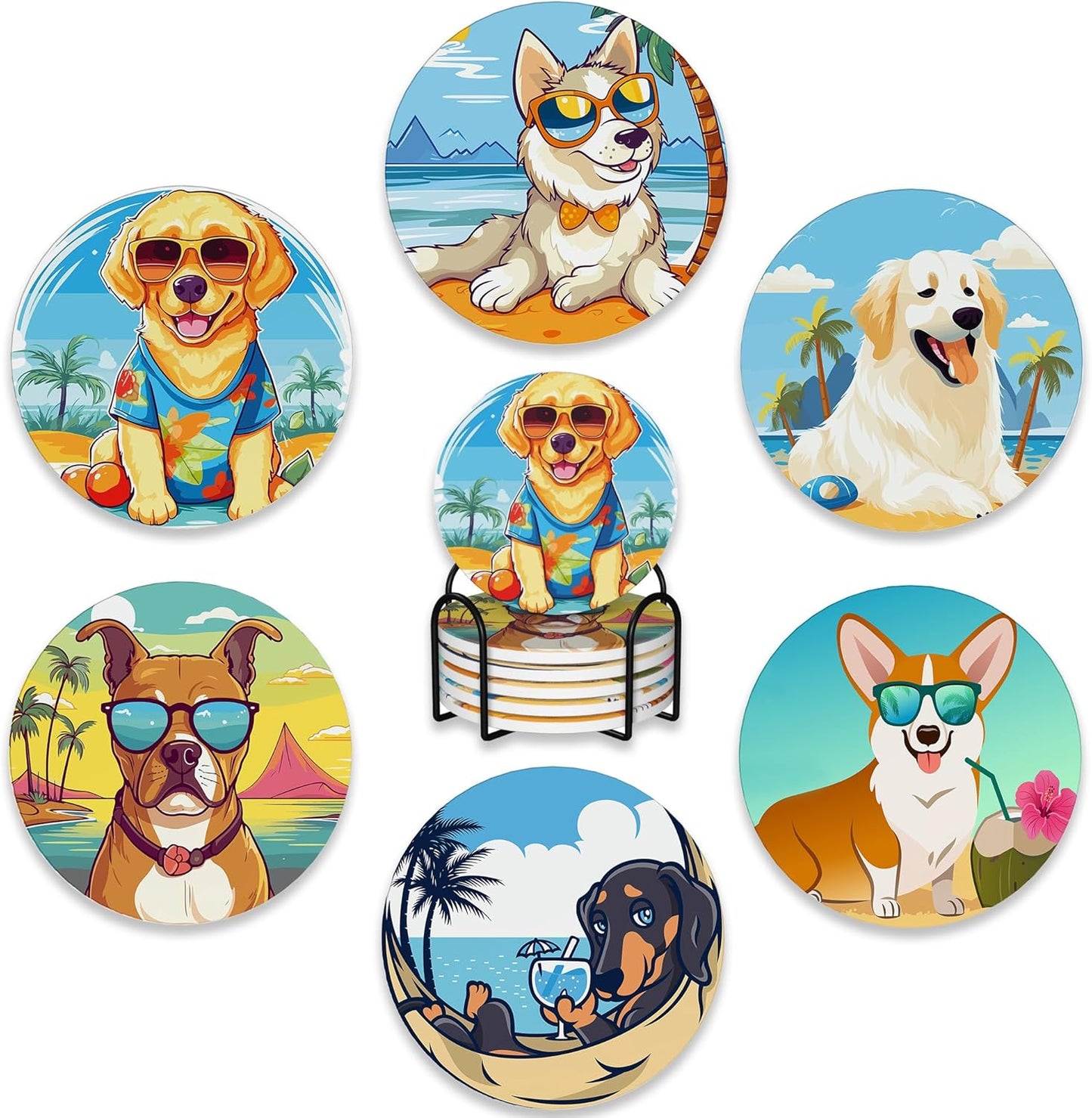 Drink Coasters Set of 6 with Holder,Cute Dachshund Husky Dog Absorbent Ceramic Coasters with Cork Base,Fit All Cups,Tabletop Protection Mat for Mugs and Cups,Office,Kitchen