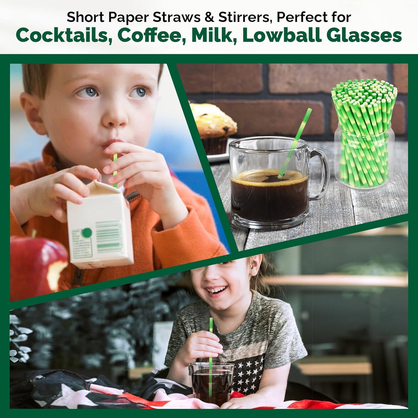 5.75 inch Short Bamboo Paper Straws & Stirrers for Cocktail and Coffee - 100% Biodegradable and Compostable [500 Counts]