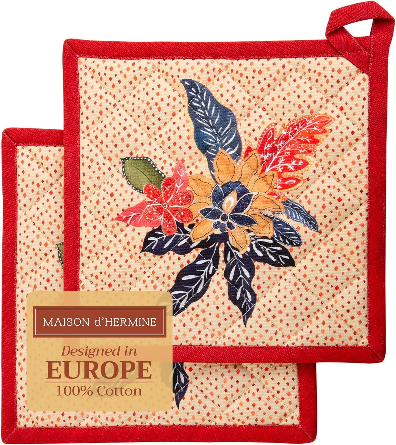 Maison d' Hermine Pot Holders Set 100% Cotton Heat Resistant Potholders 8" x 8" Hot Pads with Loop BBQ, Cooking, Baking, Grilling, Kitchen, Handling Hot Pans (Pack of 2, Kalahari)