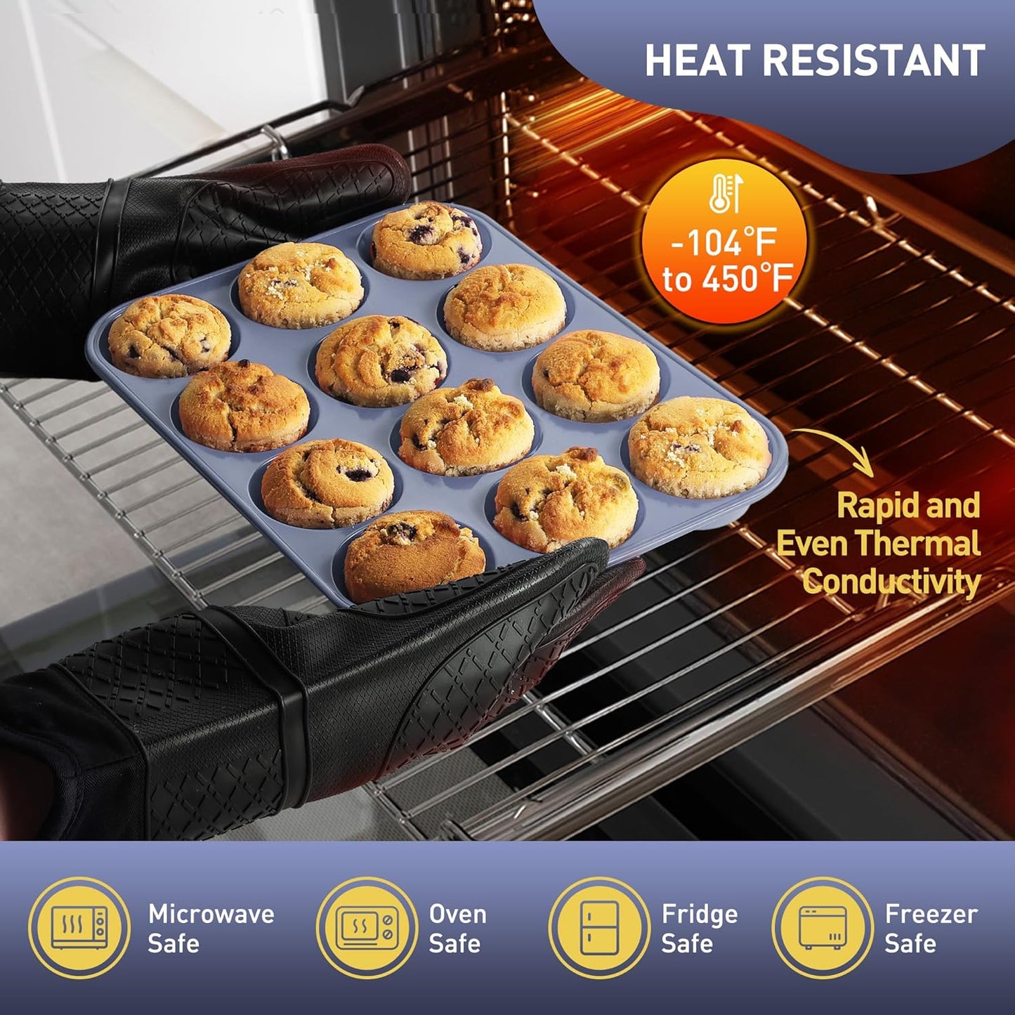 2 Pack 12 Cups Silicone Muffin Pan with Metal Reinforced Frame Regular Size Silicone Molds Cupcake Cake Baking Pans Baking Cupcake Mold Best Baking Pans Tart Pan Sheet Set Reusable Cupcake Liners