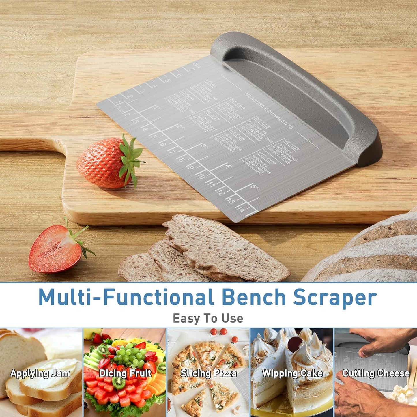 2 IN 1 Upgrade Bench Scraper, Dough Scraper for Pastry Bread Cake Pizza, Stainless Steel Dough Cutter with Conversion Chart & Measuring Scale, Bowl Scraper Food Scraper for Kitchen Baking, Gray
