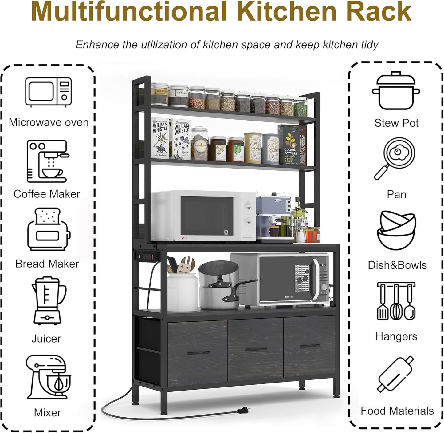 Bakers Rack with Power Outlet,5-Tier Free Standing Kitchen Storage Shelf Bakers Rack with Baskets,Industrial Microwave Oven Stand,Metal Kitchen Rack Organizer with Hooks(Black)