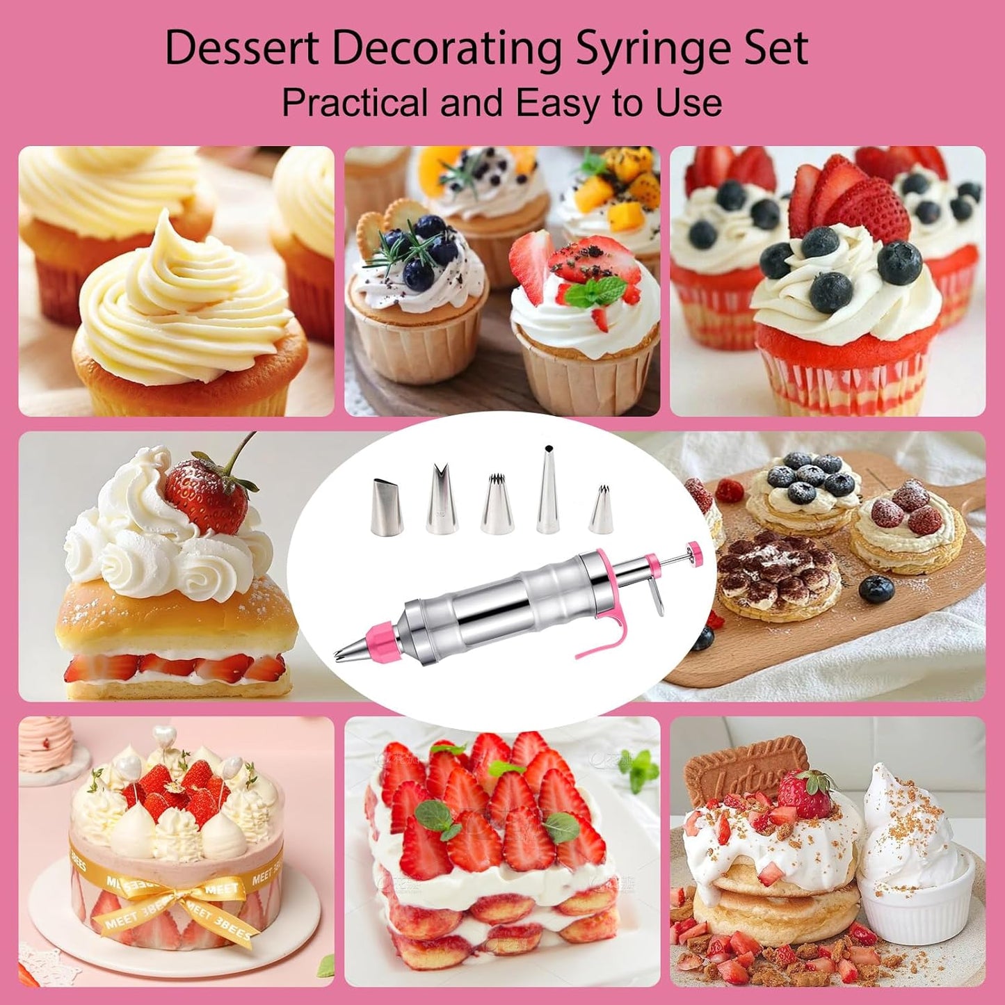 Cake Decorating Kit with 6 Stainless Steel Icing Nozzles, Reusable Piping Gun & Tips Set – Professional Frosting Tools for Cupcakes, Cookies, Cakes, Desserts – Baking Supplies for Beginners & Bakers