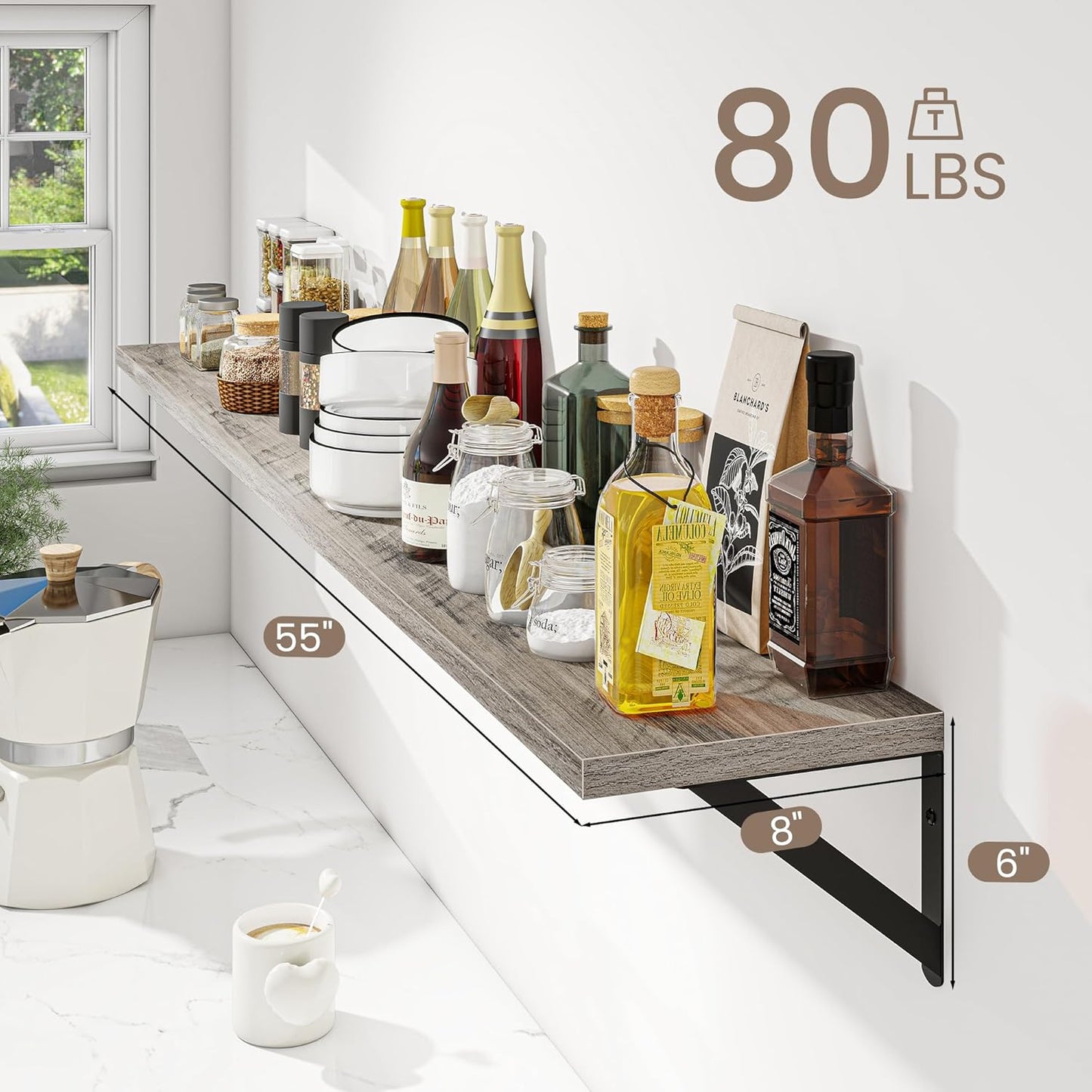 Dreamland 8 inch Deep Floating Shelves for Wall, 55W x 8D Wall Mounted Shelves Set of 2, Wide Display Ledge Shelf with Sturdy Metal Brackets for Living Room, Bathroom, Bedroom and Kitchen, Grey