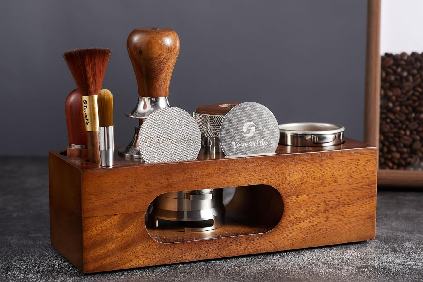 espresso tamping station called Coffee Tamper Station Fit 51 to 54mm Espresso Accessories The tamper holder Or organizer station Adjustable Portafilters Stand Height (7 IN 1)