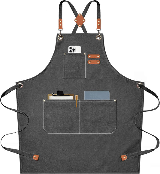 AFUN Chef Aprons for Men Women with Large Pockets, Cotton Canvas Cross Back Heavy Duty Adjustable Work Apron, Size M to XXL(Grey)