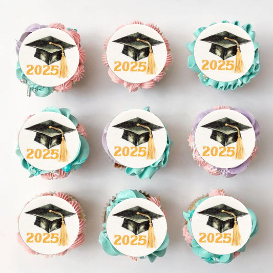 Gyufise 48Pcs Edible 2025 Graduation Cap Cupcake Toppers Wafer Paper Class of 2025 Grad Cap Cupcake Picks for 2025 Graduation Theme Party Cake Decorations Supplies Gold