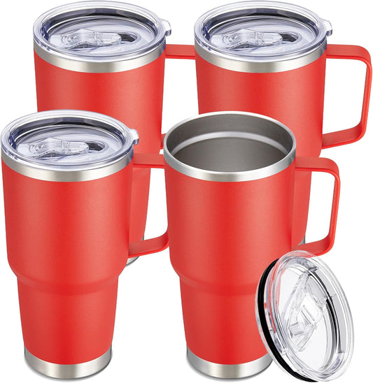 30 oz Tumbler with Handle and Lid, Stainless Steel Tumblers Bulk Double Wall Vacuum Insulated Travel Mug Leak Proof Cup Keep Drinks Cold and Hot Red, 4 Pack