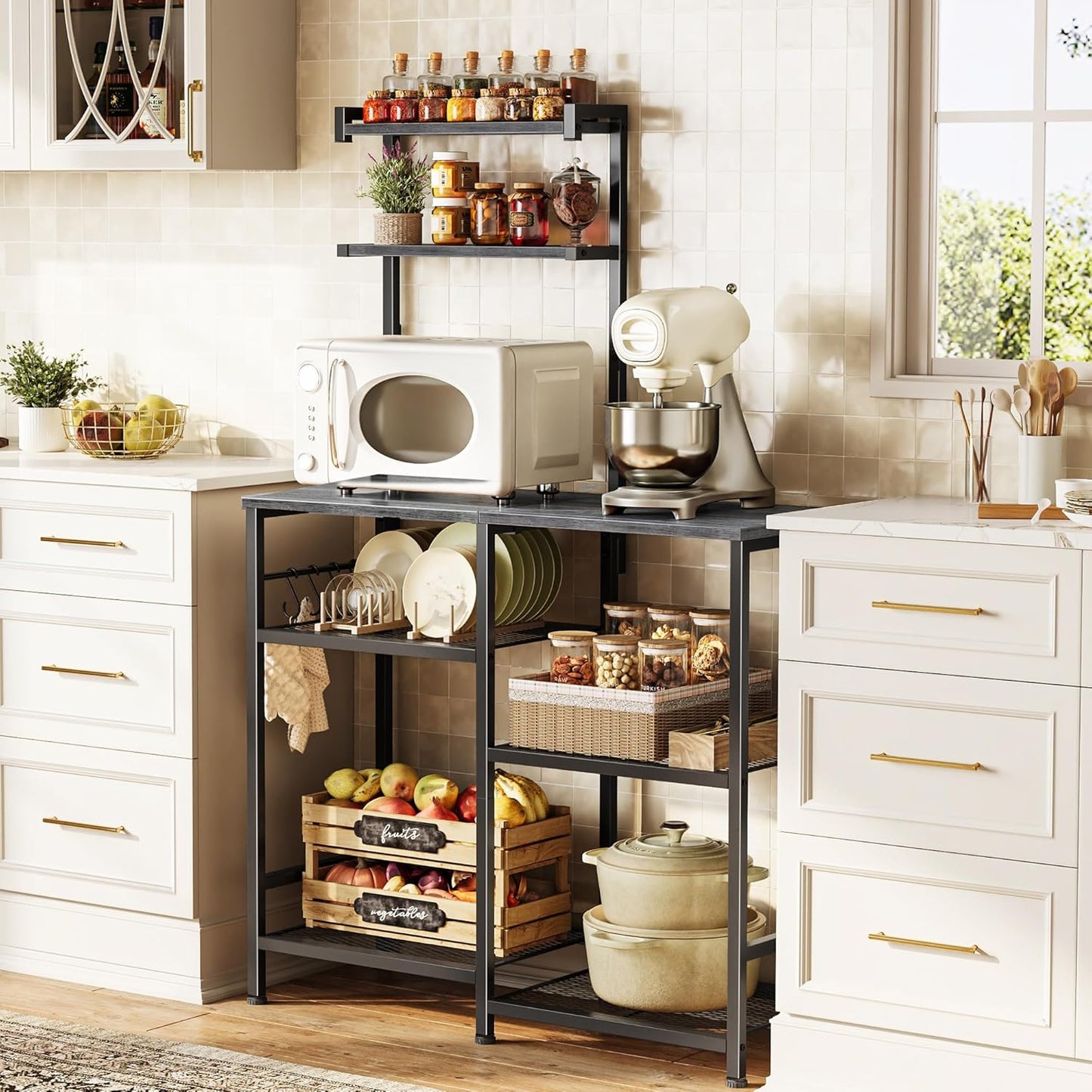 Huuger 31.5 Inch Bakers Rack with Power Outlets, Kitchen Microwave Stand with Storage, Coffee Bar with 4 Hooks, 3-Level Height Open Shelves, Grey