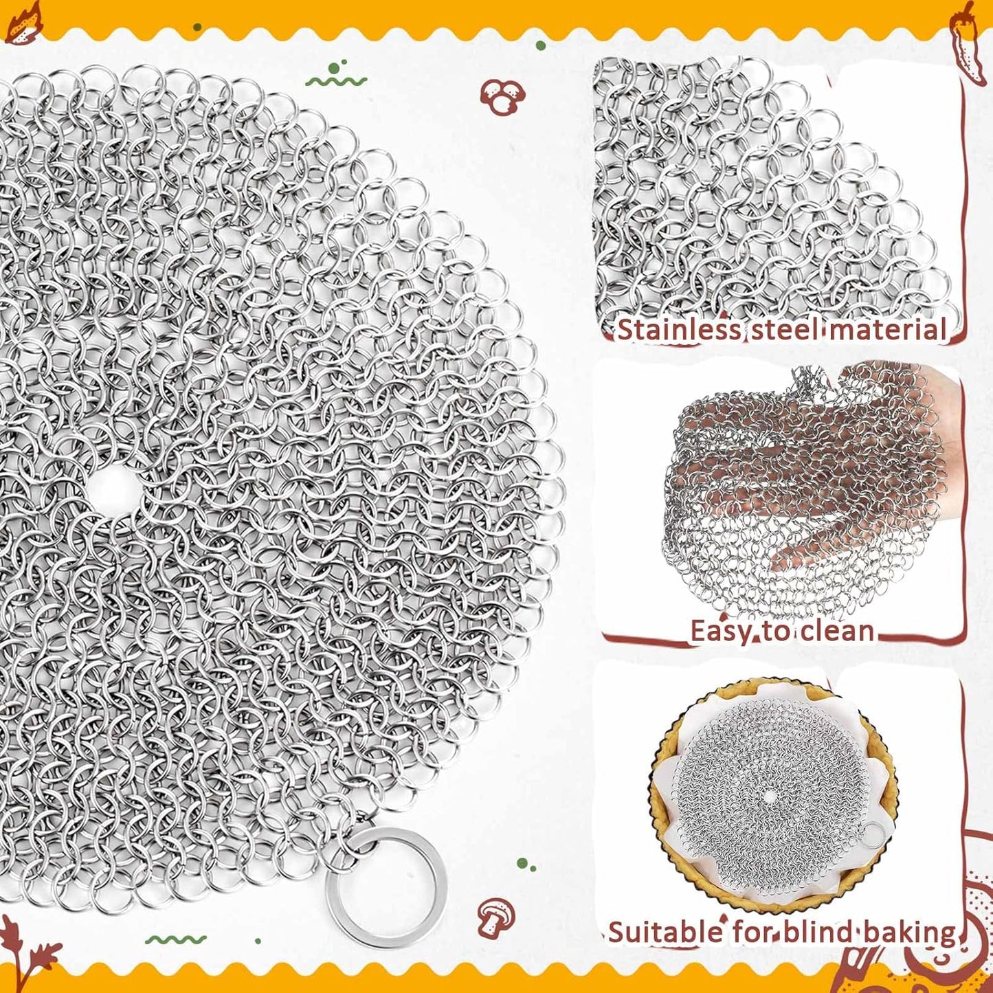 Patelai 1 Pcs Stainless Steel Pie Weights for Baking Universal Fit Pie Weight for 7-10 Inch Pies Round Metal Pies Weights Chain Dishwasher Safe Durable Blind Baking Dough Cooking Pastry (8 Inch)