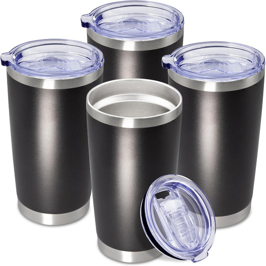20 oz Tumbler Coffee Tavel Tumblers Bulk with Lid Stainless Steel Double Wall Vacuum Insulated Mug Powder Coated Cups fit Car Cupholder for Hot and Cold - Black, 4Pack