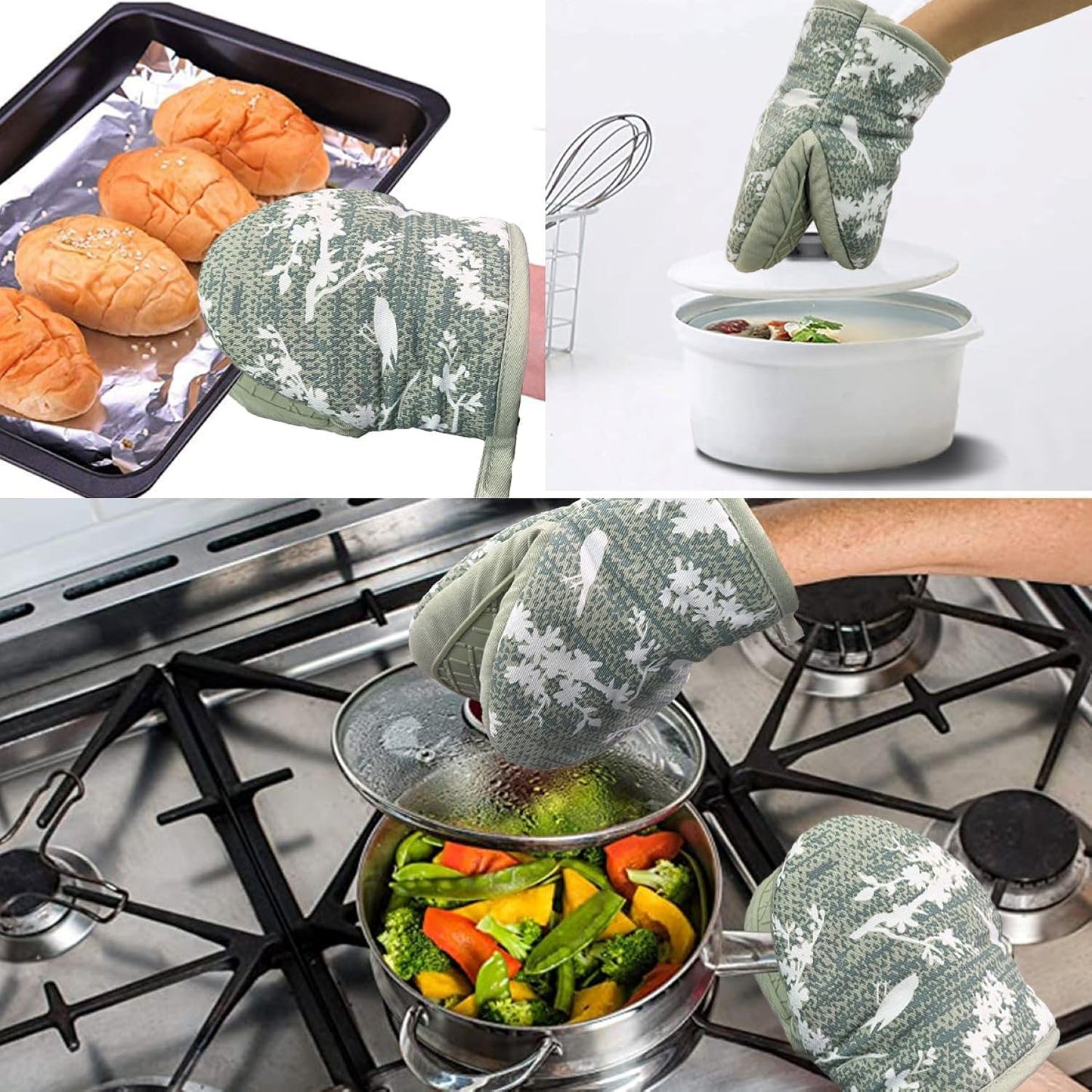 Mini Silicone Oven Mitts, Heat and Slip Resistant Kitchen Gloves 2-Pack Set, Birds Flower Soft Short Oven Mittens, Flexible Thick Pot Holders for Safe Cooking Baking and Grilling (Mini, Aqua)