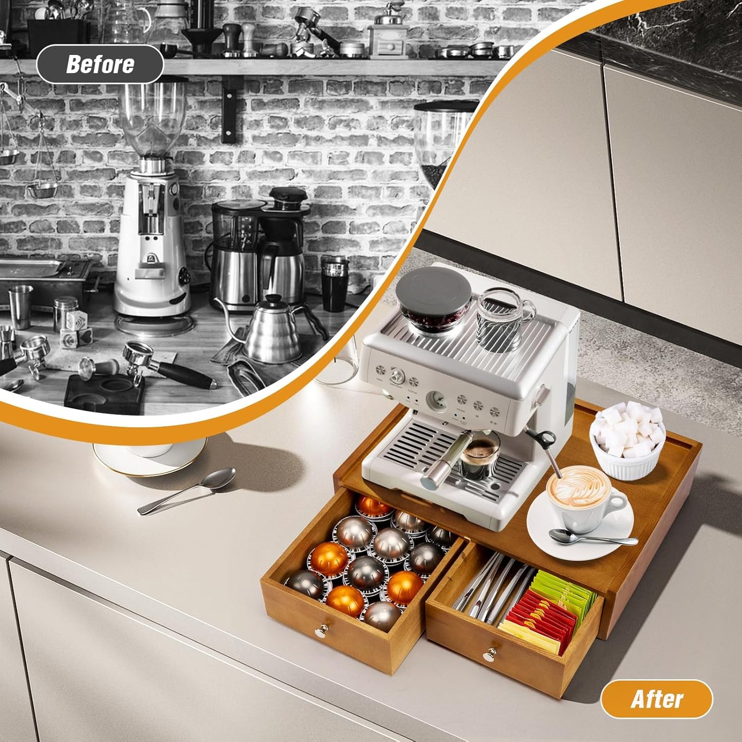 15.8"L X 11.8"W X 4"H Wooden K cup Holder, Coffee Pod Organizer Storage Box, Desktop Kitchen Storage with 2 Drawers, 30/40/60 Pod Capacity, Natural