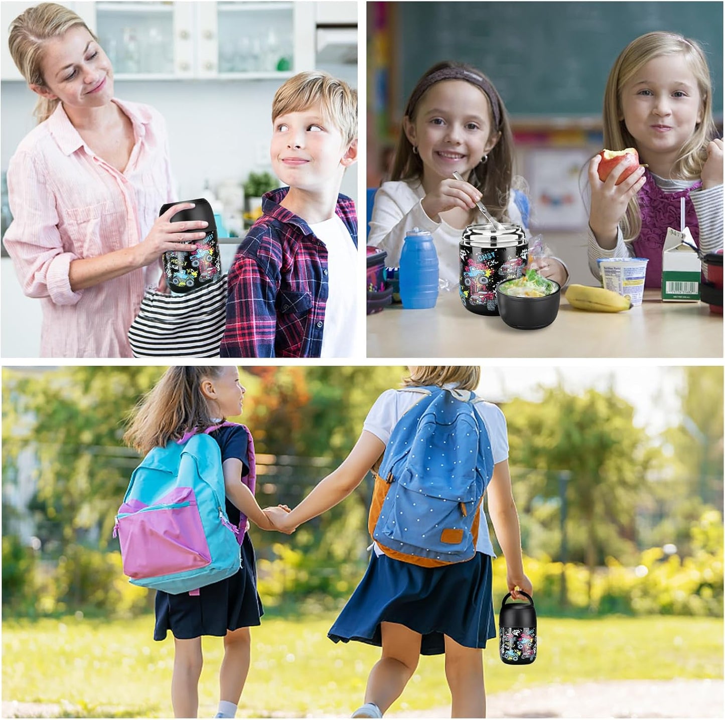 17 oz Insulated Lunch Containers Hot Food Jar, Wide Mouth Lunch Thermo for Kids Adults, Vacuum Stainless Steel Lunch Box With Handle Folding Spoon for School, Office Black - Car