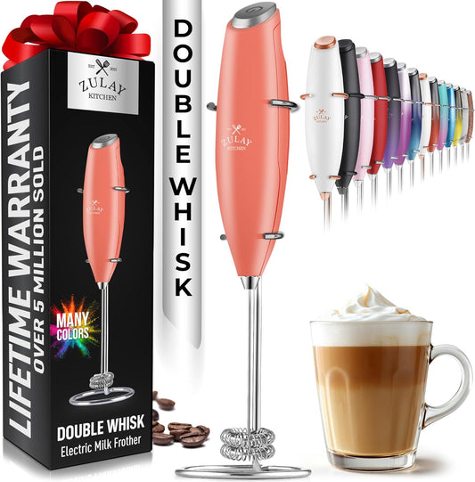 Zulay Kitchen Double Whisk Milk Frother – Handheld Foam Maker for Coffee, Lattes, Matcha, Hot Chocolate & Cappuccinos – Whip Creamy Froth in Seconds, Portable & Easy to Use