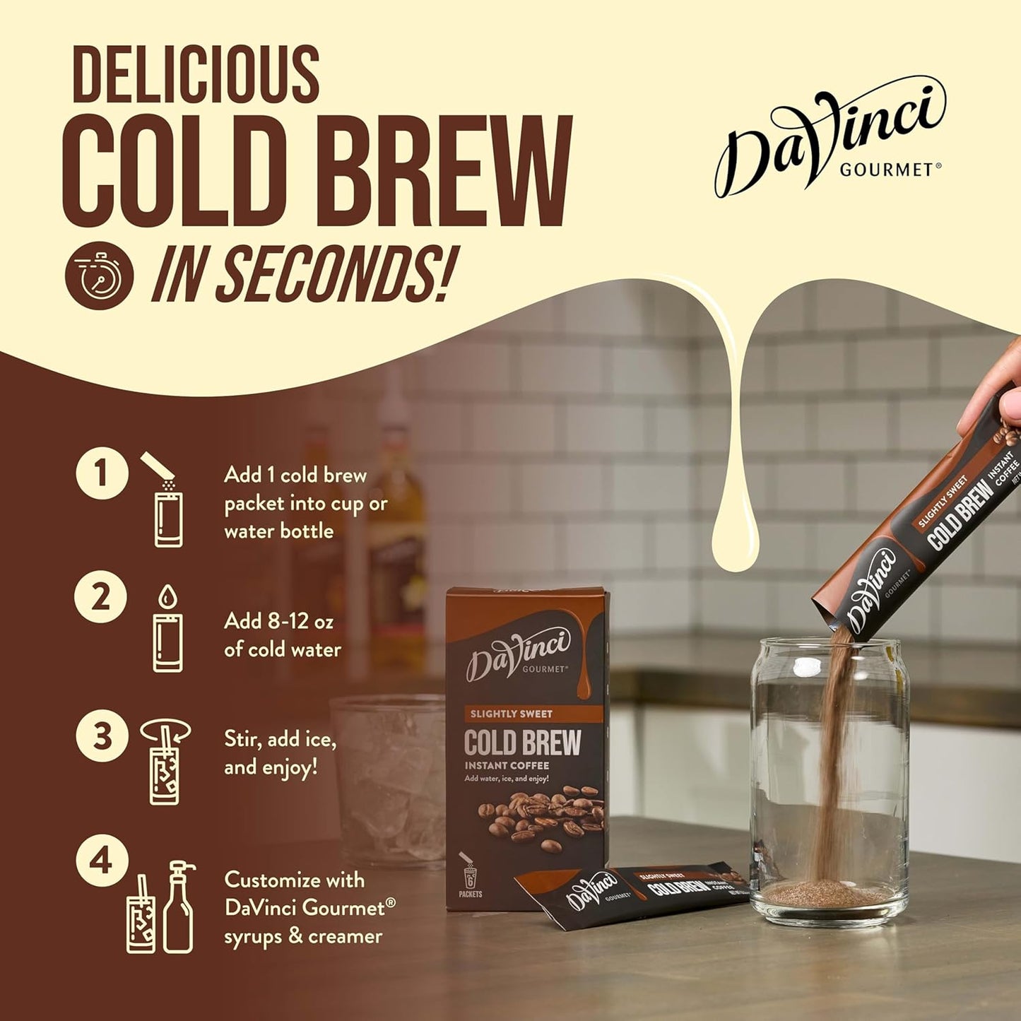 DaVinci Gourmet Slightly Sweet Cold Brew Stick Pack, Instant Coffee Powder, 6 Count (Pack of 1)