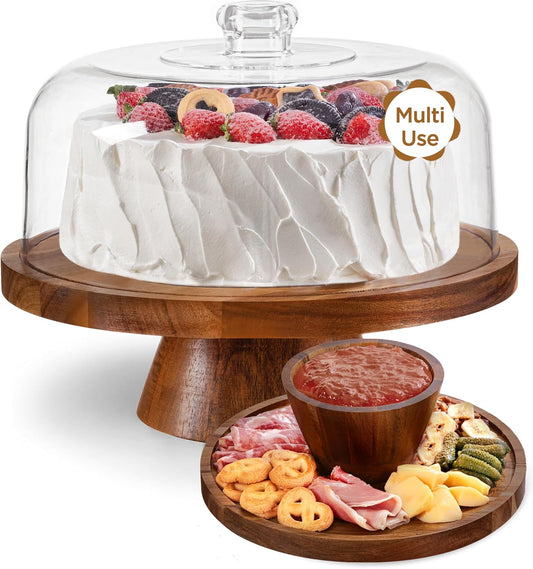 HBlife Cake Stand with Glass Lid (11.4"), Multifunctional Cake Stand with Dome, Acacia Wood 6-in-1 Cake Plate Display Stand with Cover for Baking Gifts, Birthday Kitchen Parties, Weddings