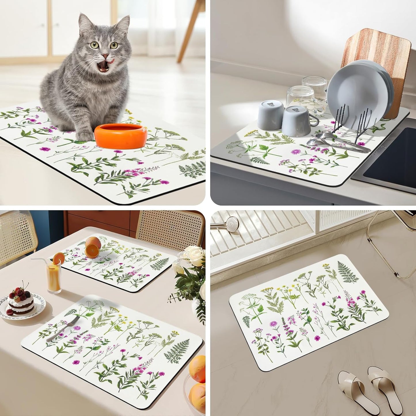 Bloss Dish Drying Mat, Multiple Usage Coffee Bar Mat, Kitchen Counter Mat, Absorbent Hide Stain Rubber Backed Dish Drying Pad(16.1"x24.1", 2-Row Flower)