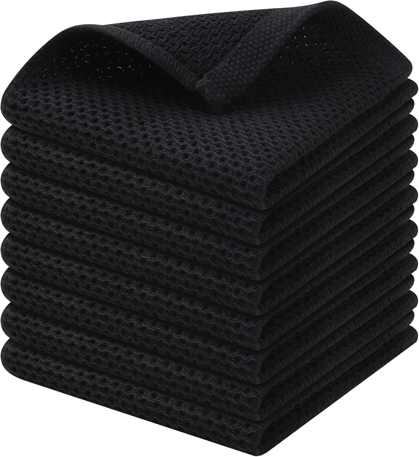 Kitinjoy 100% Cotton Kitchen Dish Cloths, 8 Pack Waffle Weave Ultra Soft Absorbent Dish Towels for Drying Dishes Quick Drying Kitchen Towels Dish Rags, 12 X 12Inch, Black