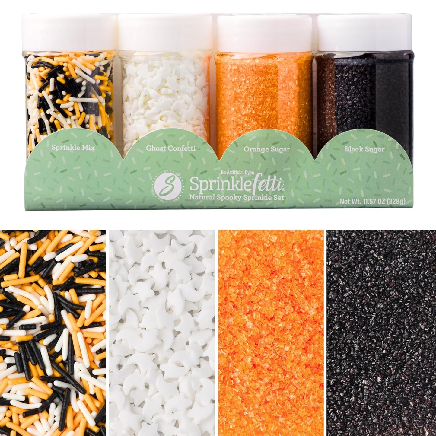 Sweets Indeed Dye-Free Halloween Sprinkles 4-Pack – 11.57 oz Natural Spooky Decorating Set | Sprinkle Mix, Ghost Confetti, Orange Sugar & Black Sugar | Edible Dye-Free Cake & Cupcake Decorations