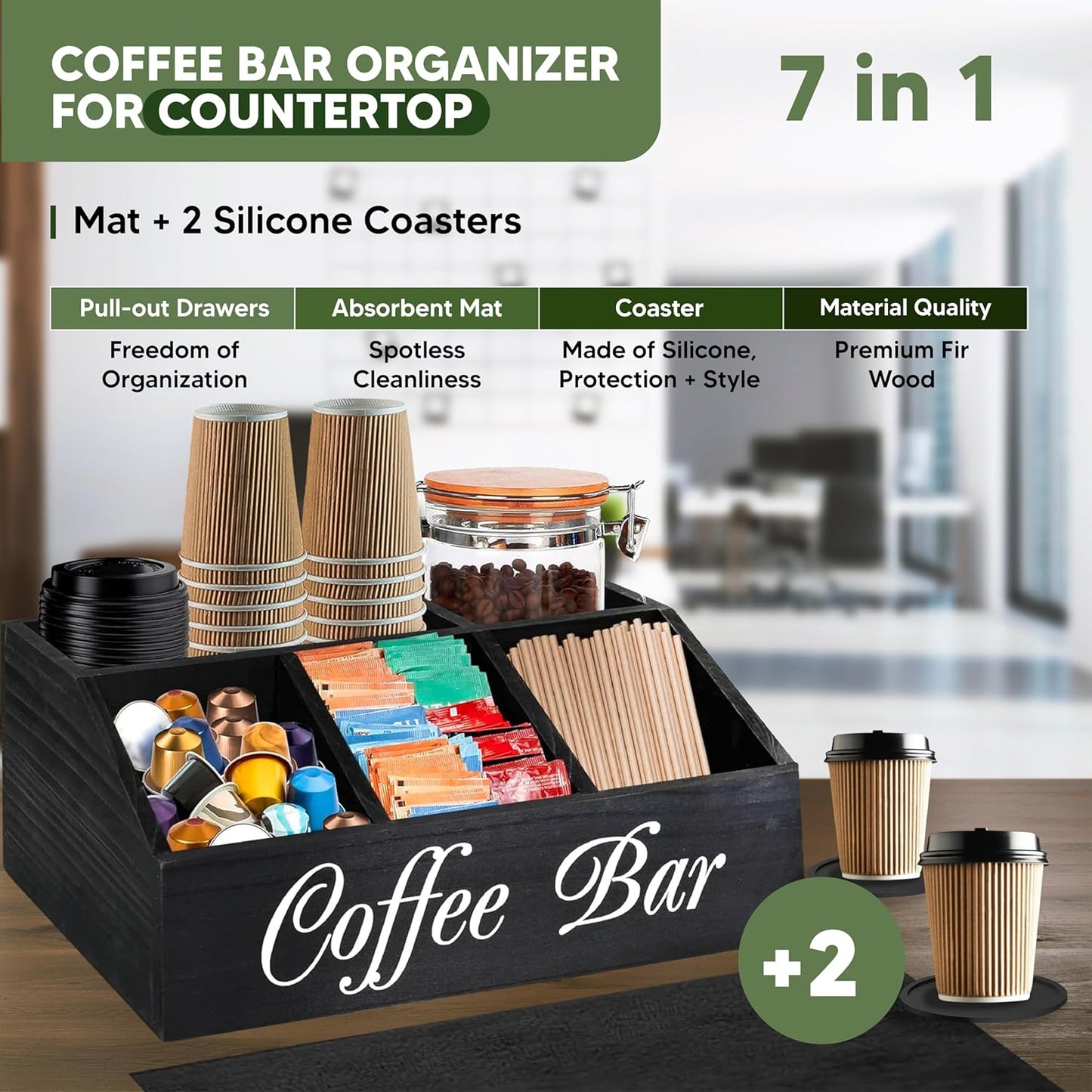 Barista Emperor® SUPER PACK Coffee Bar Organizer for Countertop, Silicone Mat and 2X Silicone Coasters - Tea Organizer Station with Removable Drawers - Office Coffee Station for Countertop