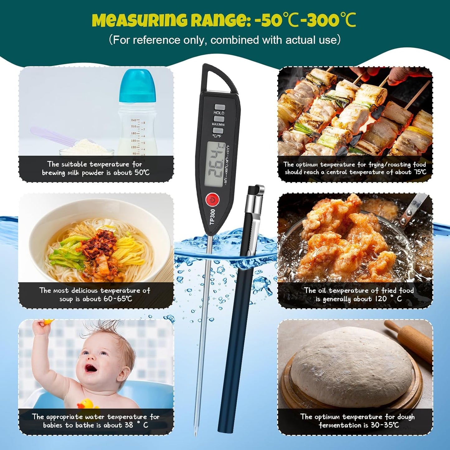 10 Set Waterproof Food Thermometer for Water, Liquid, Candle and Cooking Digital Meat Thermometer with Long Probe Instant Read for Kitchen BBQ Grill Candy (Black)