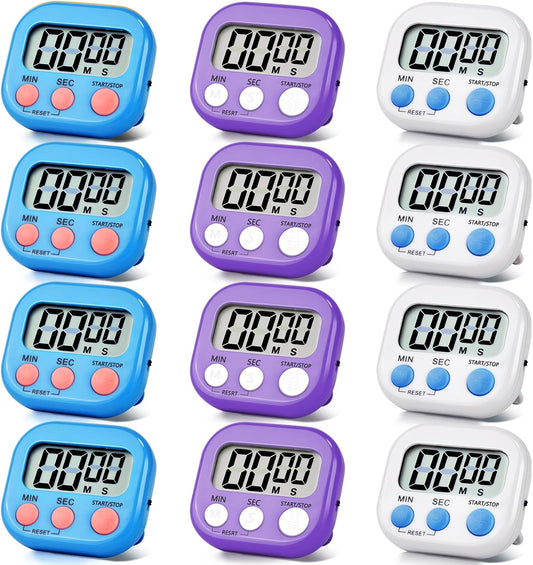 12 Pack Digital Kitchen Timer Magnetic Digital Timer with Big Display Loud Ring Cooking Timers for Kitchen Electronic Timer for Cooking, Bathing, Gym, Break Time, Classroom(12,White,Blue,Purple)