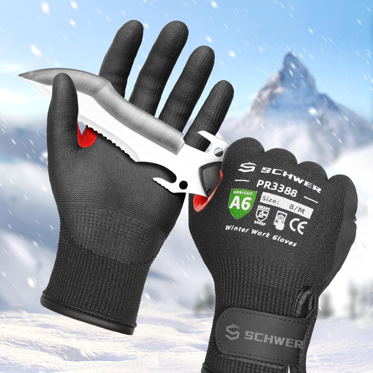 FreezeGuard Winter Work Gloves for Men and Women, ANSI A6 Cut Resistant Gloves With Super Grip, Freezer Glove for Work, Touchscreen, Thermal Insulated, Non PFAS, PR3388, Black Knight (M, 2 Pairs)