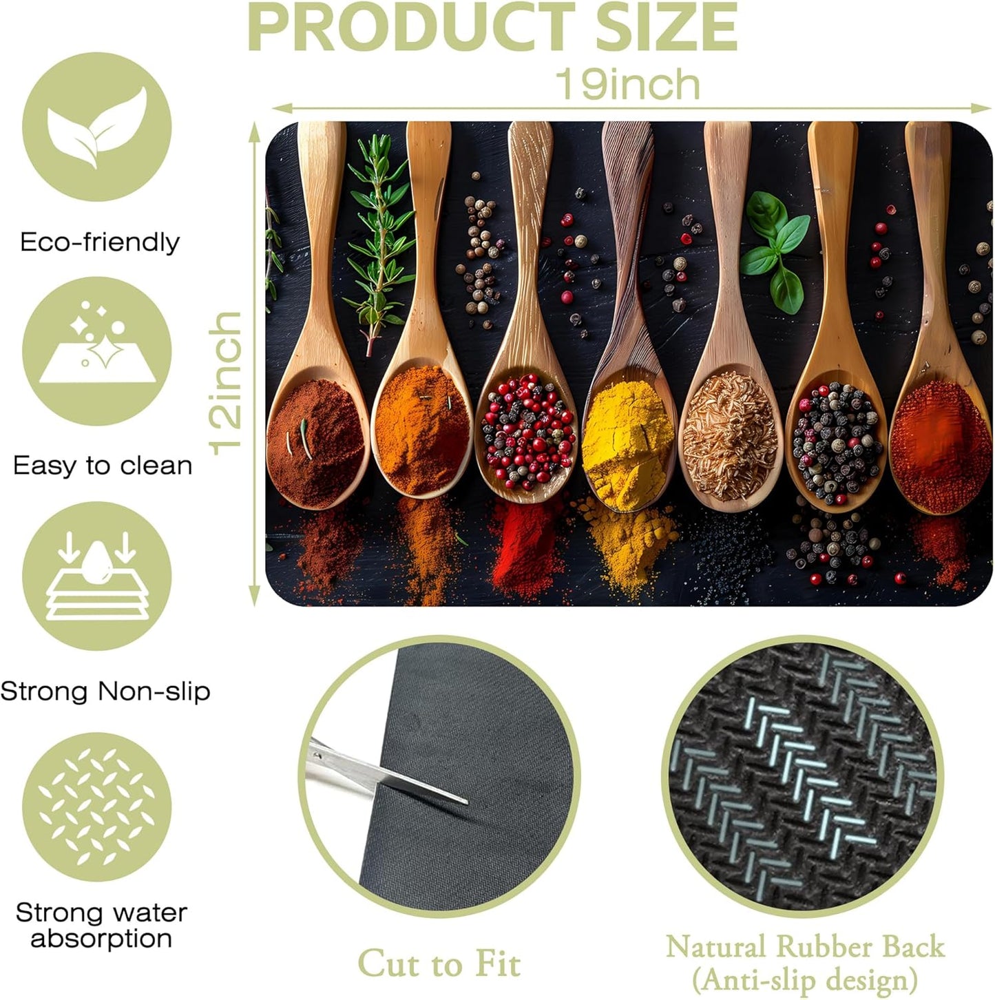 Dish Drying Mat Colorful Spices Herbs Kitchen Mat 12"x19" Bsorbent Coffee Maker Mat for Dishes,Utensils Coffee Maker Pots and Pans Easy Clean Dish Slip Resistant Pad