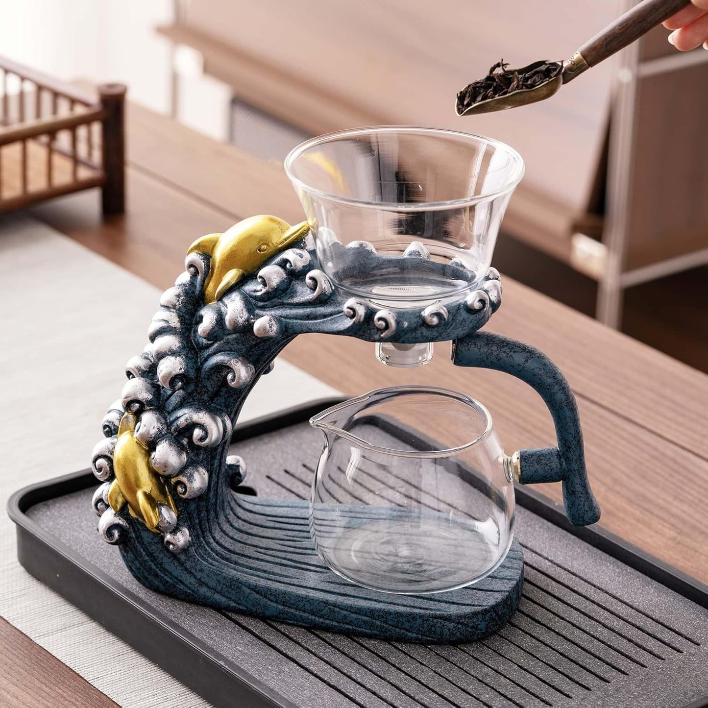 Glass Teapot Set with Infuser Semi Automatic Tea Set Magic Teapot (Dolphins)