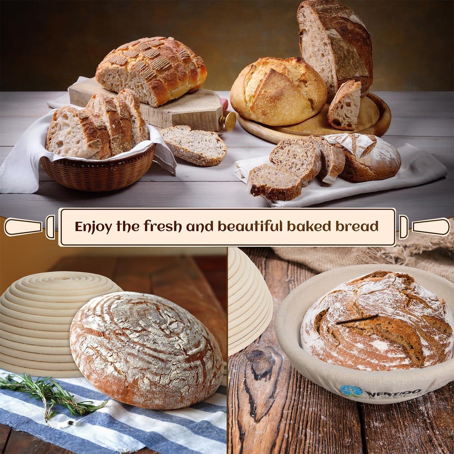 Banneton Bread Proofing Basket Set of 2, 9 Inch Round Sourdough Proofing Basket, Sourdough Starter Kit, Sourdough Bread Baking Supplies with Dough Scraper, Danish Dough Whisk, Bread Lame, Bowl Scraper