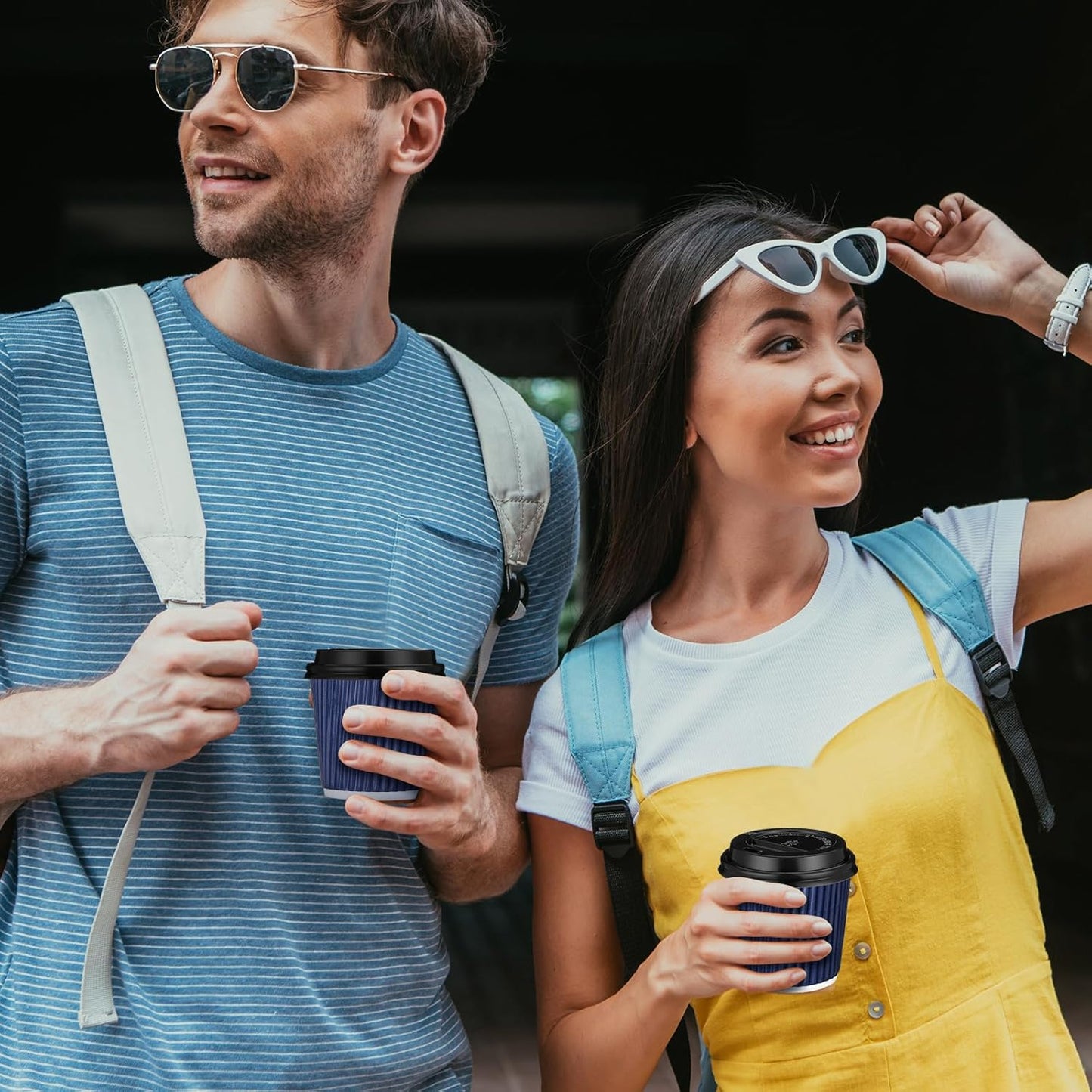 Uiifan 100 Set 4oz Disposable Espresso Cups with Lids Ripple Corrugated Paper Disposable Coffee Insulated Hot Ripple Cups for hot Chocolate, Tea, and Cocoa Drinks(Blue)