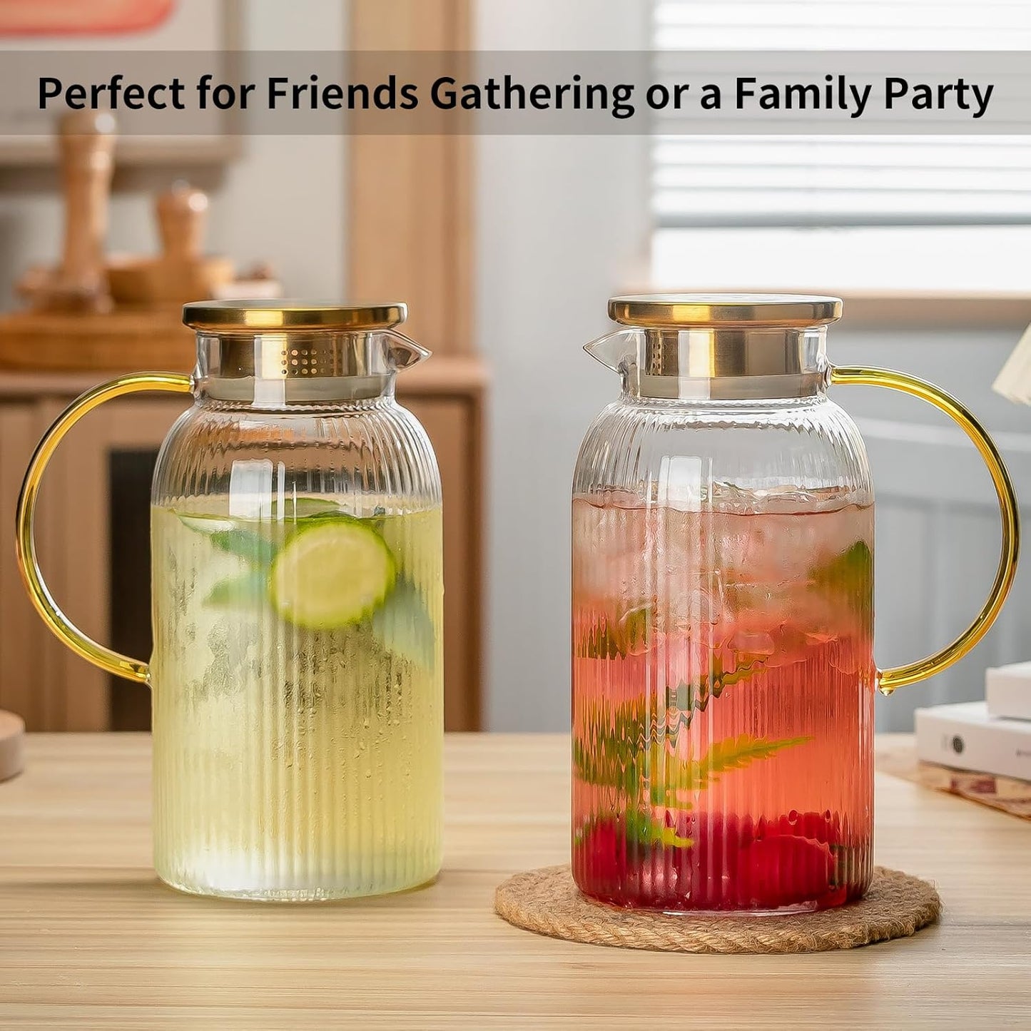 2 PACK Glass Pitcher with Lid, 68 oz/ 2 Liter Classic Vertical Stripes Water Pitcher with Yellow Handle,Glass Water Carafe for Cold Brew, Coffee, Lemonade, Iced Sun Tea,Beverage,Heat Resistant