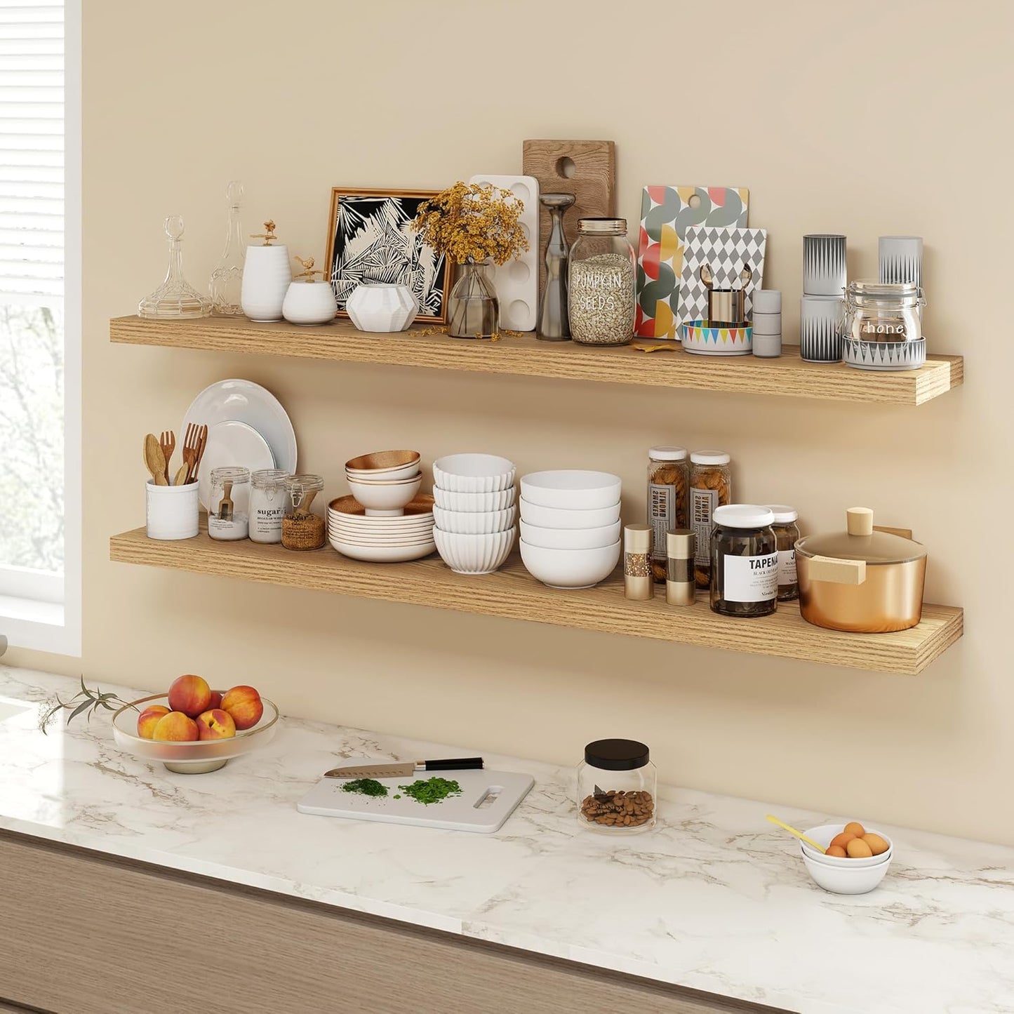 55 Inch Floating Shelves, 9.3" Deep Floating Shelf Wall Mounted, 56" Wall Shelves, Rustic Deep Bookshelf, Large Display Shelves & Storage Shelves for Bedroom, Living Room, Light Brown, Set of 1