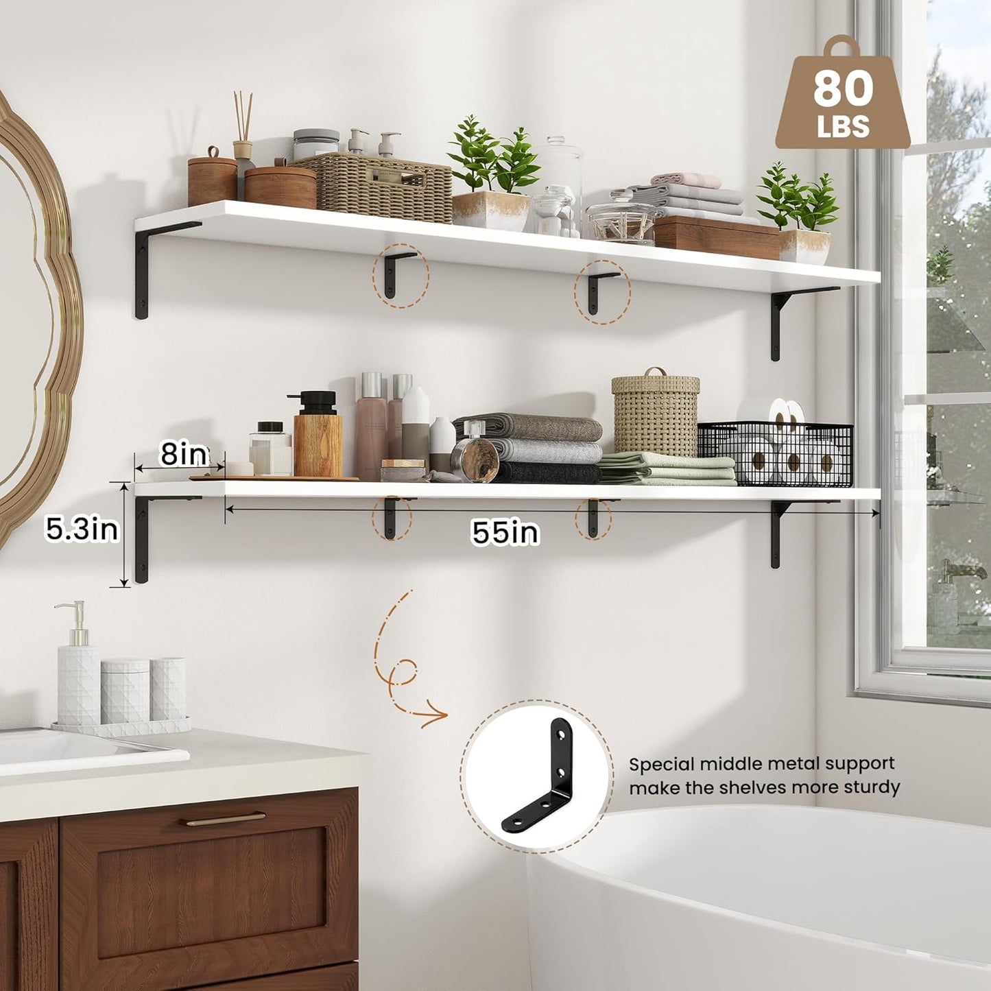 Fun Memories Deep Floating Shelves, 55W x 8D Floating Shelves Set of 2, Wall Mounted Shelf with Metal Brackets, Rustic Wood Wall Shelf for Bathroom, Kitchen and Living Room, White