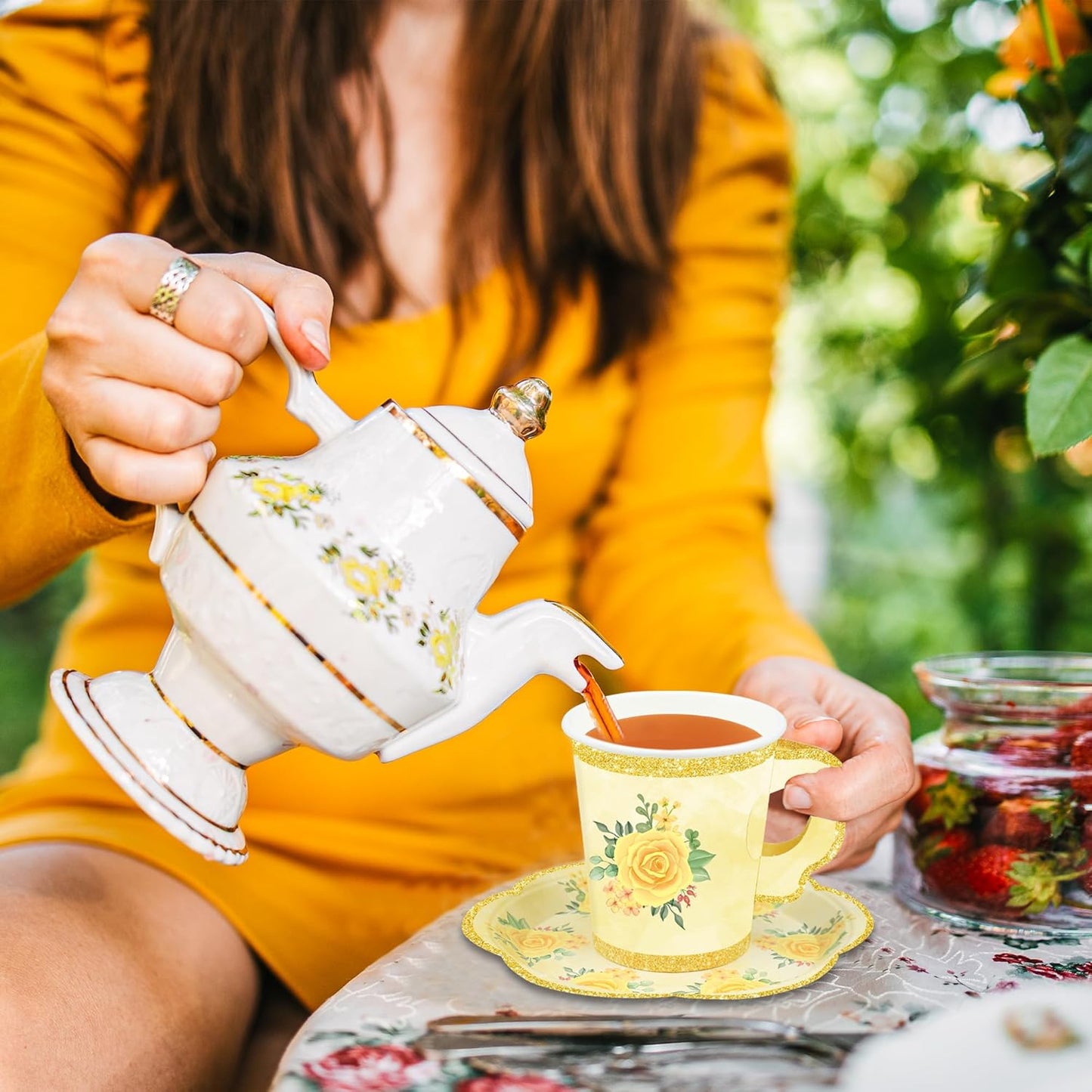 48 Sets Floral Paper Tea Cups and Saucers Disposable Tea Party Supplies Colorful Flower Teacups with Handle and Plates for Hot Cold Drink Wedding Birthday Party Baby Shower