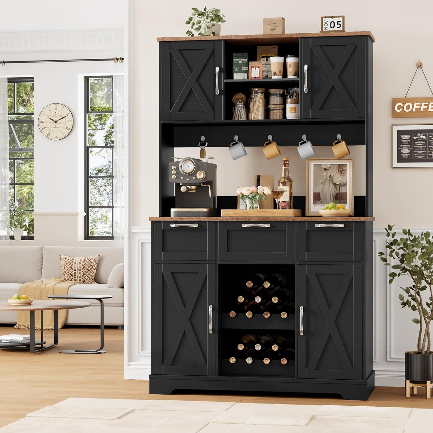 HIFIT 72" Large Kitchen Pantry Storage Cabinet with Barn Doors & Shelves, Farmhouse Tall Kitchen Hutch Wood Bar Cabinet w/3 Drawers, Microwave Stand, Cupboard Wine Rack for Dining Room, Pantry, Black