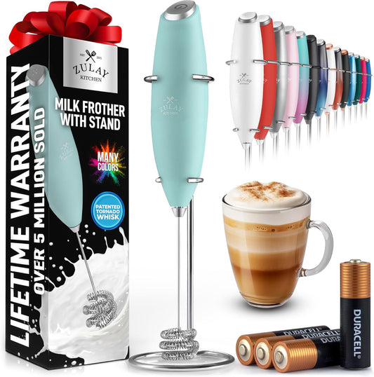 Zulay Kitchen Tornado Whisk Milk Frother with 4 AA Duracell Batteries - Triple Whisk for More Power - Handheld Coffee Frother with Stand - Drink Mixer for Lattes, Matcha & Protein Shakes
